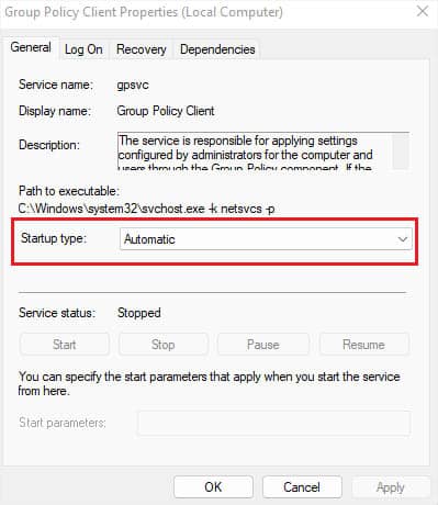 startup type automatic group policy client