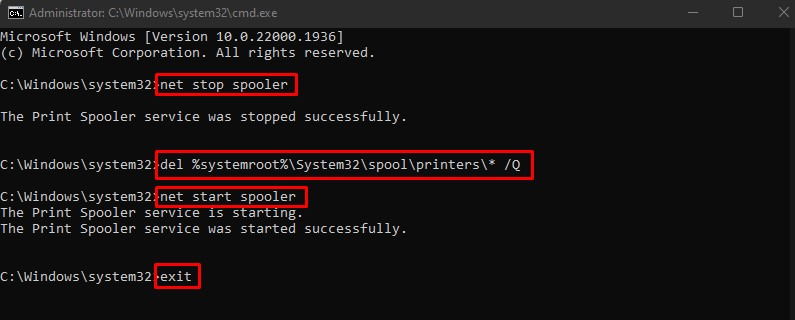 stop spooler clear spooler and restart spooler