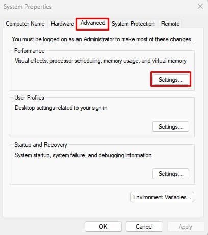 system properties advance settings