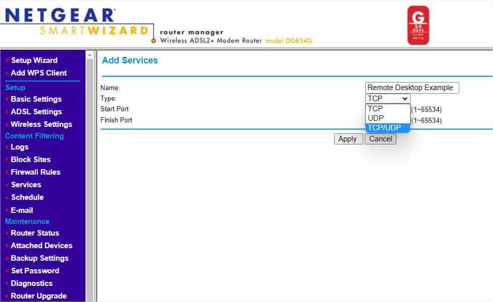 tcp udp protocol selection in netgear