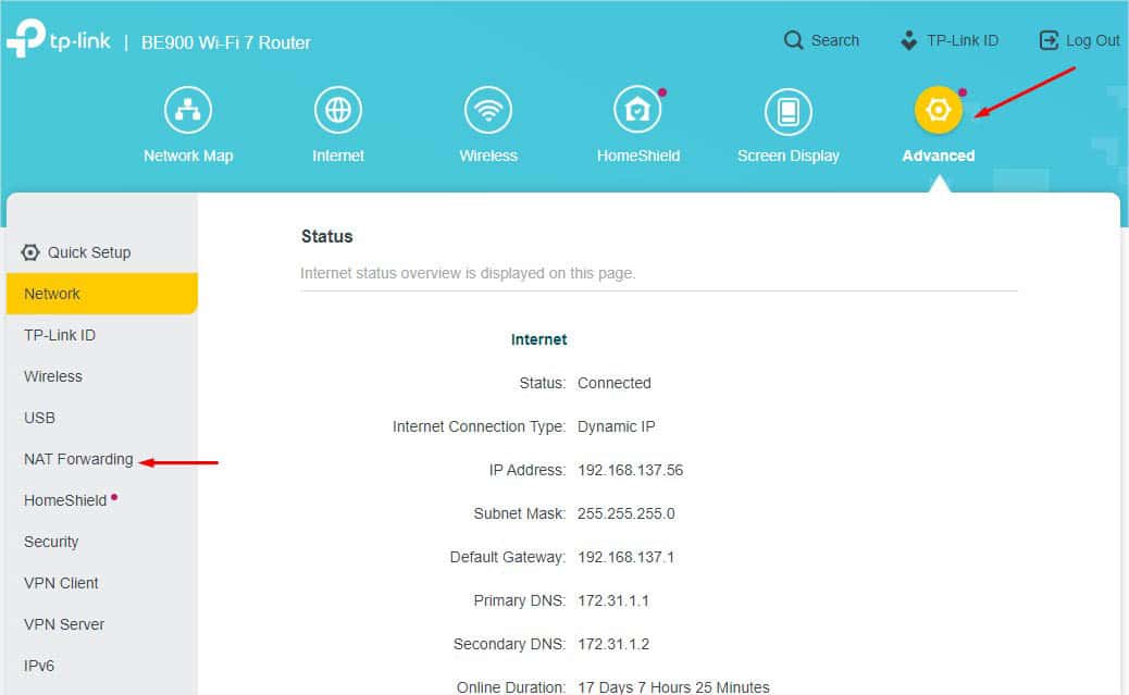 tplink advanced nat forwarding