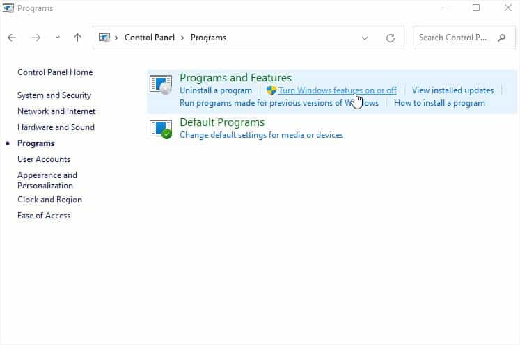 turn windows features on or off
