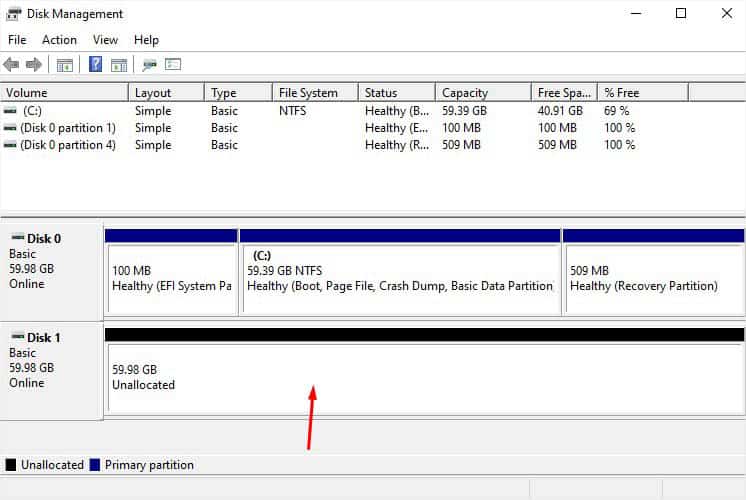 unallocated space disk 1