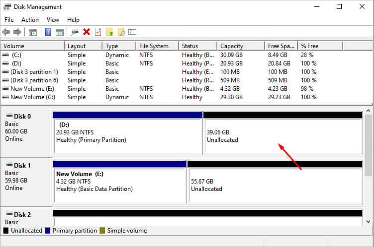 unallocated space