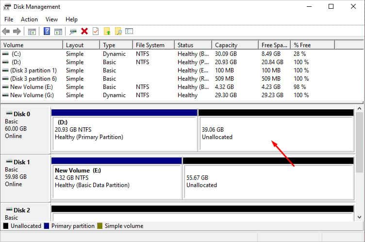 unallocated space