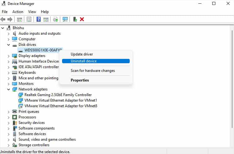 uninstall device disk drive