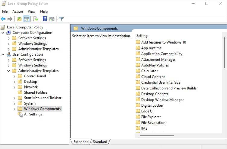 user configuration administrative templates windows components