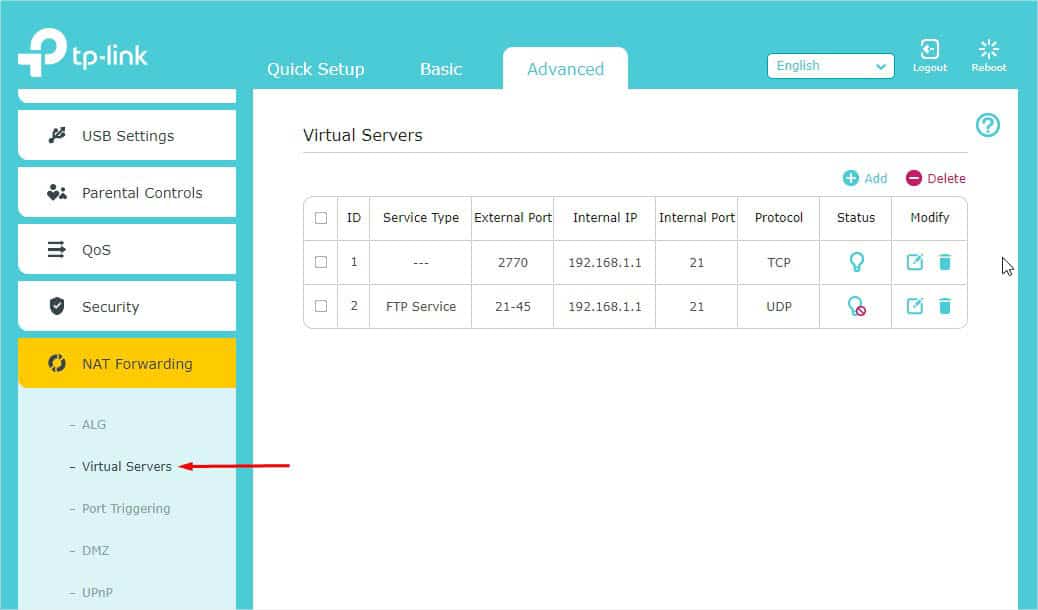 virtual servers in tplink