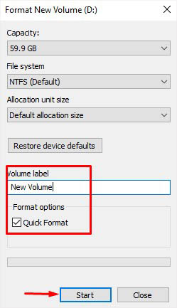 volume label and format option