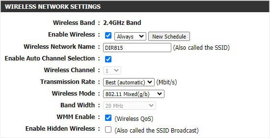 wireless network settings 2.4ghz dlink