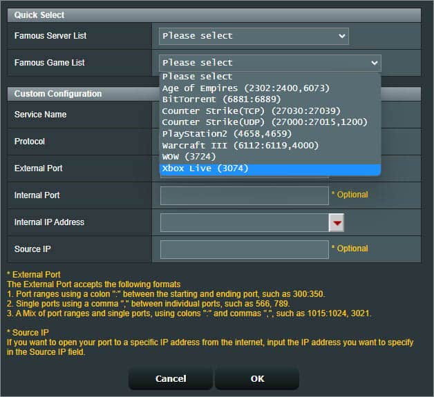 xbox live select to port forward in asus