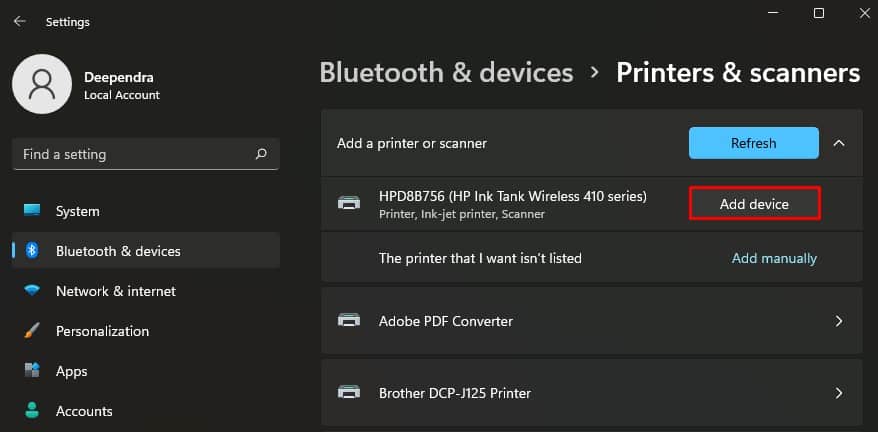 add device beside printer name