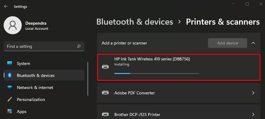adding network printer from settings