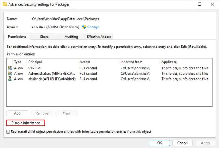 How to Fix Error 0x80070005 20 advanced-security-settings-packages-disable-inheritance