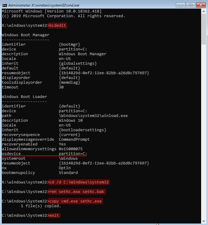 advanced-startup-command-prompt-bcdedit-osdevice-ren-sethc-copy-cmd-exit