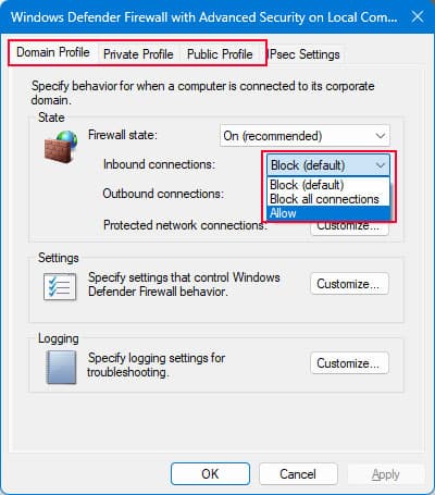 allow all inbound connection on a network