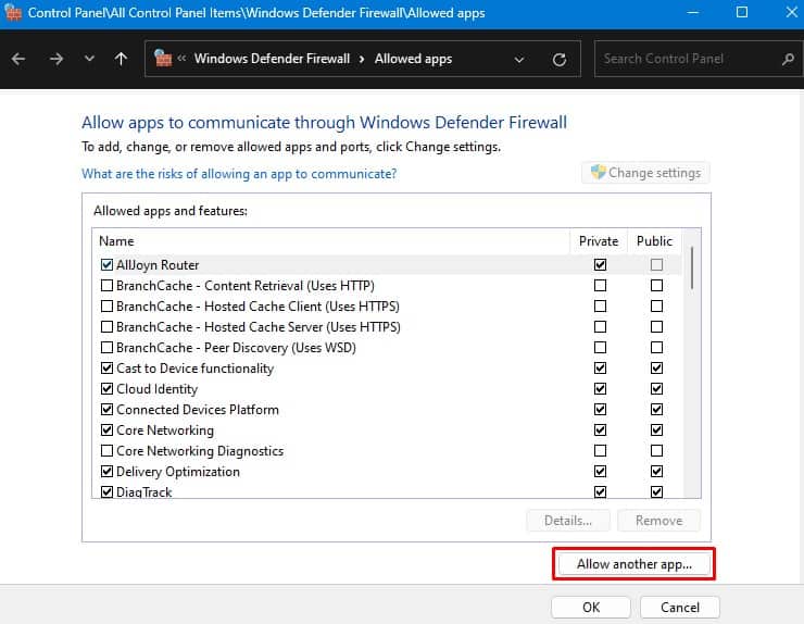allow another app through firewall