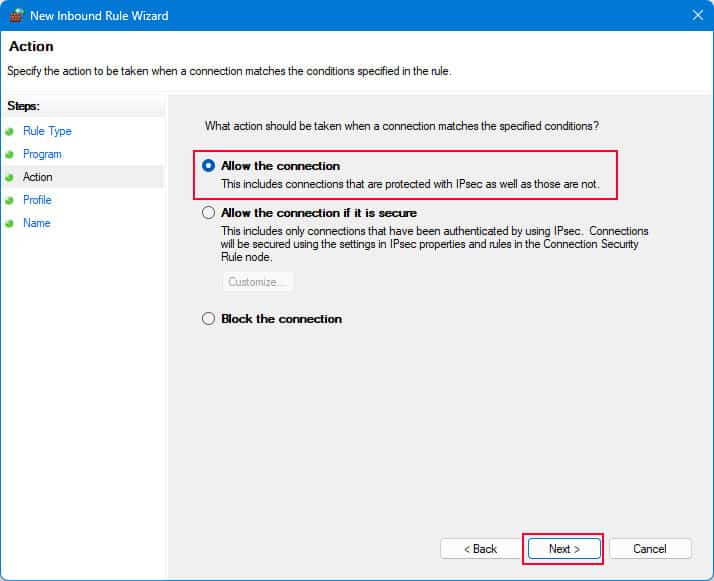 allow connection on firewall