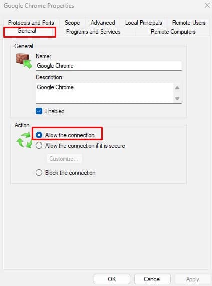 allow connection on inbound or outbound rule