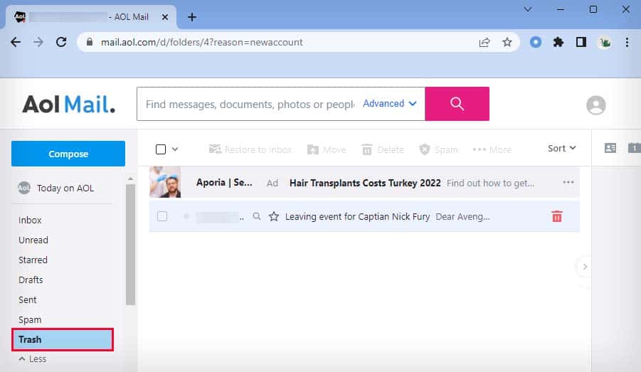 aol mail trash