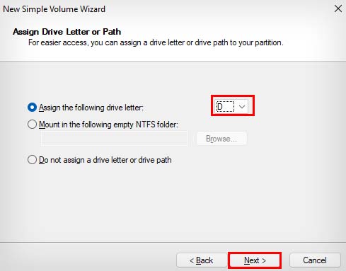 assign drive letter to new volume