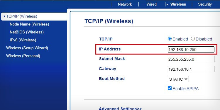 Назначить статический IP-адрес принтеру Brother из EWS