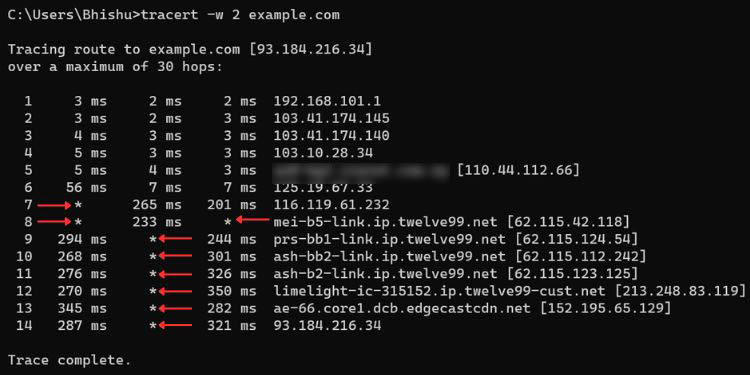 How to Run a Traceroute on Windows 6 asterik when running tracert command - 1