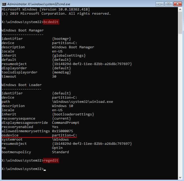 bcdedit-osdevice-regedit