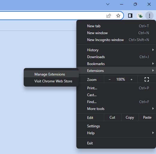 chrome manage extensions