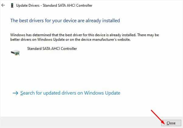 close the sata ahci controller update driver dialogue box