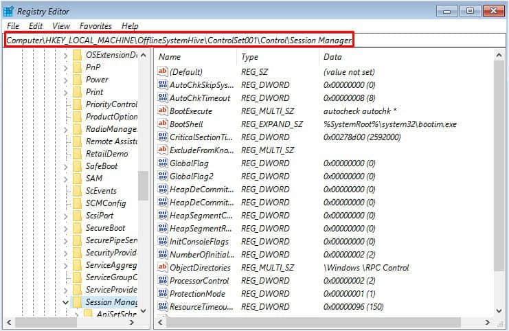 control session manager in registry editor