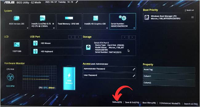 default in asus bios