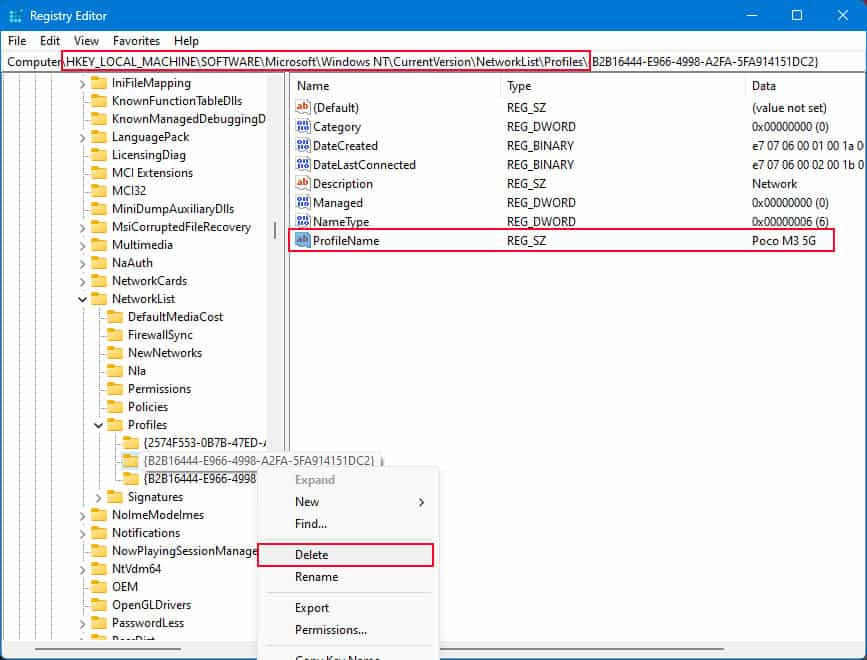 delete profile corresponding to wireless profile