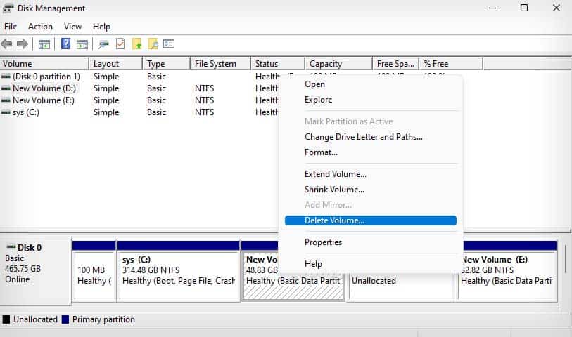 disk management delete voume