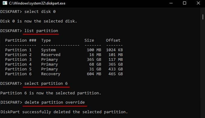 diskpart delete recovery partition