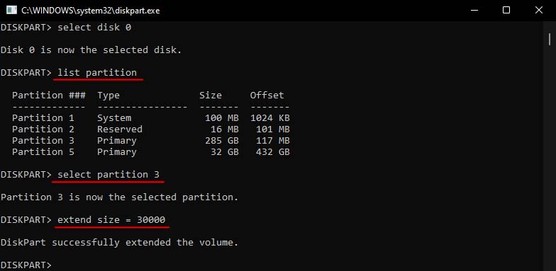 diskpart extend c drive size