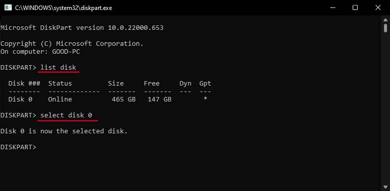 diskpart select a disk