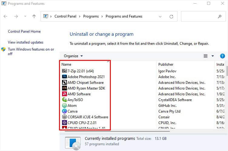 double click on an application to start uninstallation