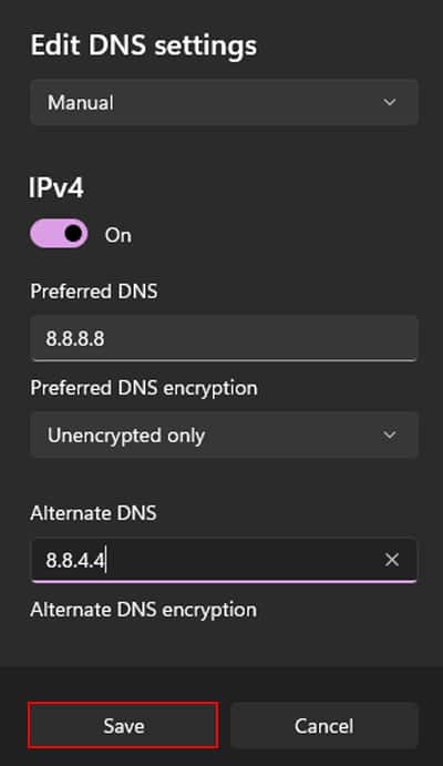 edit-dns-seattings-manual-ipv4-preferred-and-alternate-dns-save
