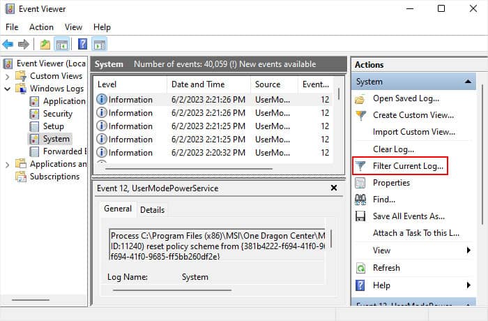 event-viewer-windows-logs-system-filter-current-log