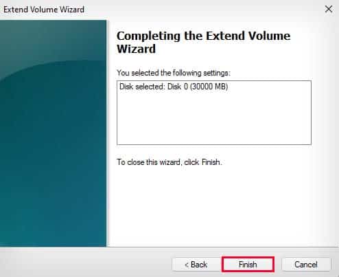 extend volume wizard finish