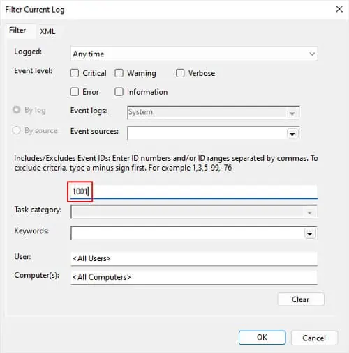 filter-current-log-event-id-1001