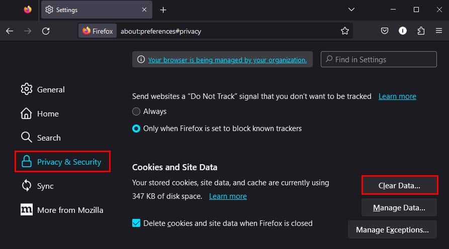 firefox clear cookies and site data
