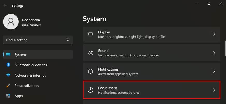 focus assist menu 21h2