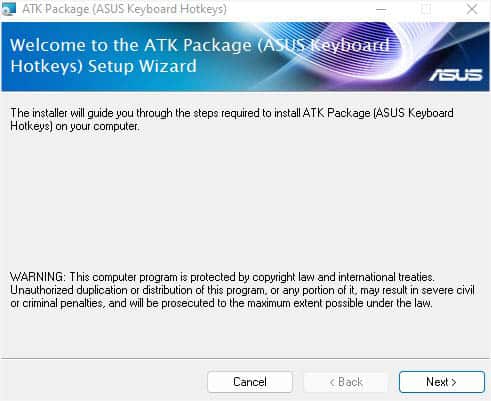 follow on screen instructions to complete atk package installation on asus laptop