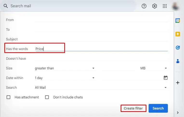 How to Automate Email Responses in Gmail 19 has-the-words-price-and-create-filter