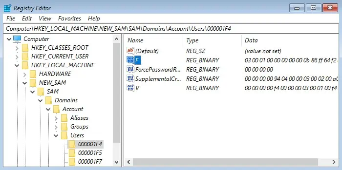 How to Reset Administrator Password in Windows 19 hklm-new-sam-sam-domains-account-users-000001f4-f