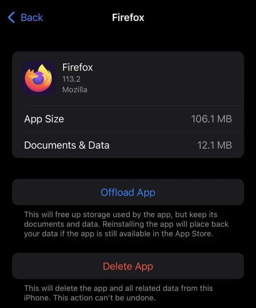 How to Free Up Space on iPhone (Detailed Guide) 24 ios-firefox-app-info-850x1024