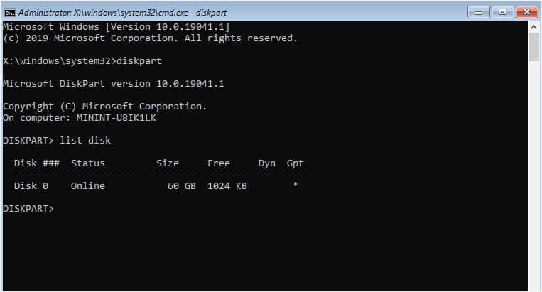 list disk in cmd to check if disk is recognized by os