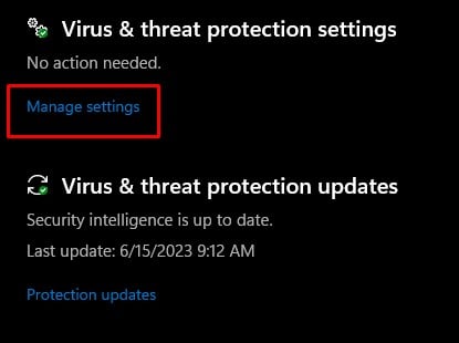 manage setting virus and threat protection
